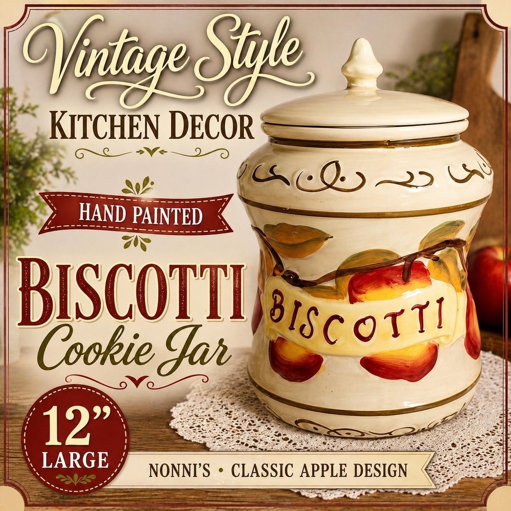 Nonni's Hand Painted Biscotti Cookie Jar Large Apple Design Ceramic Lidded 12"